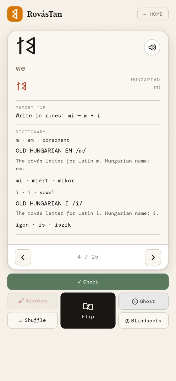 Back of a card: the rune, letter names, memory tip and dictionary