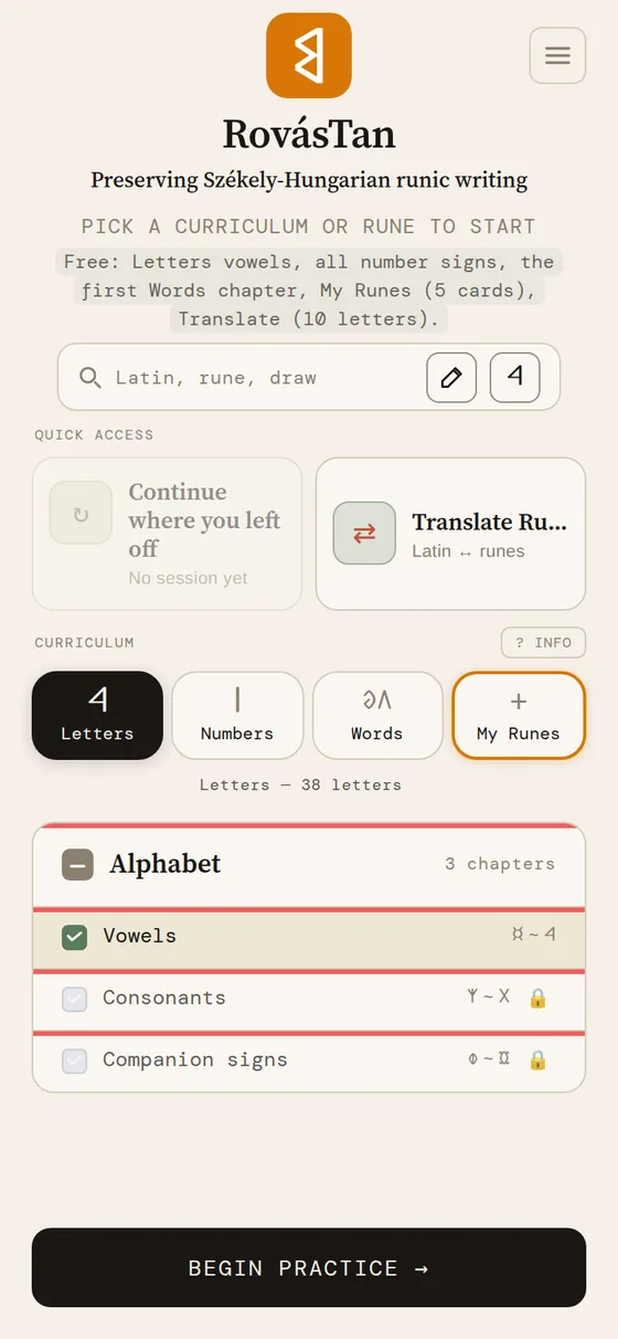 RovásTan home screen with Letters, Numbers, Words and My Runes