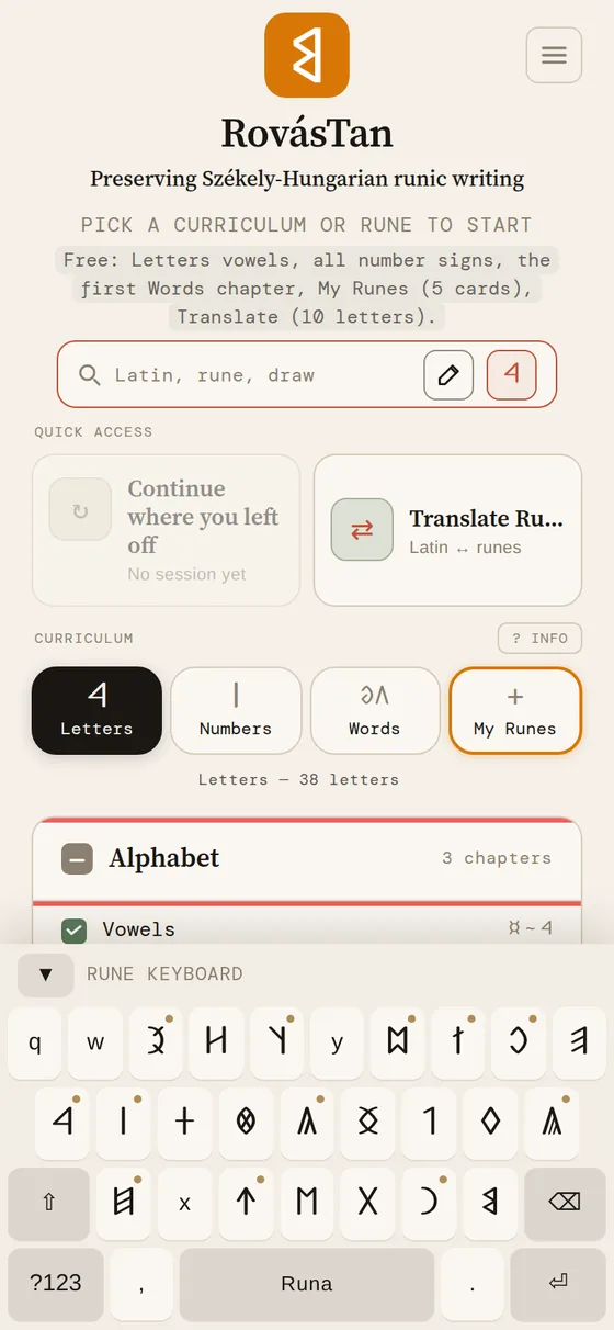 The built-in rune keyboard open under the search bar