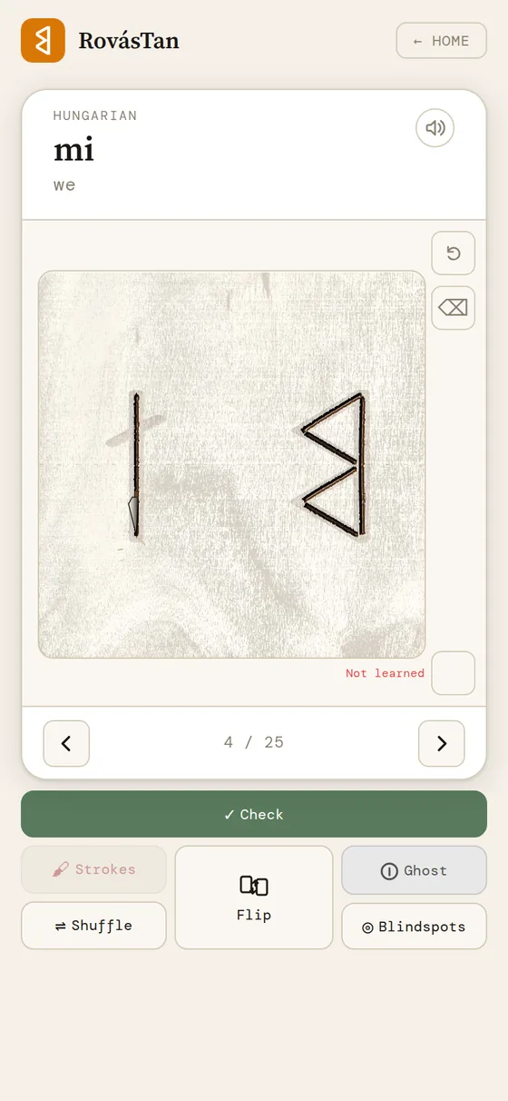 The rune for the word “mi” being carved on a wooden board, stroke by stroke