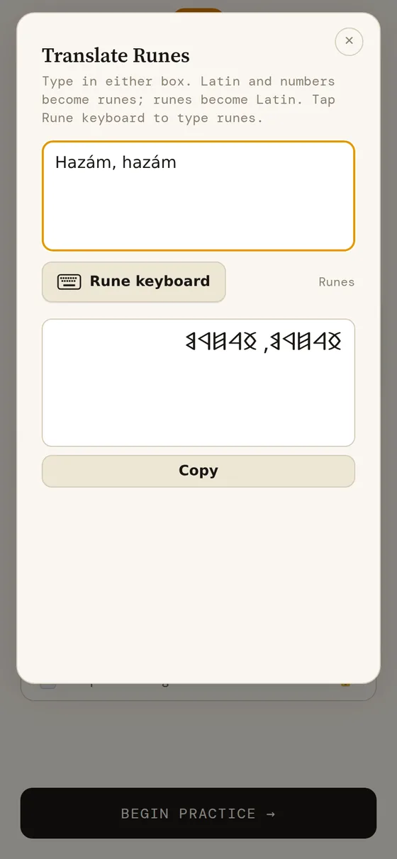 The Translate Runes panel converting Latin text to runes